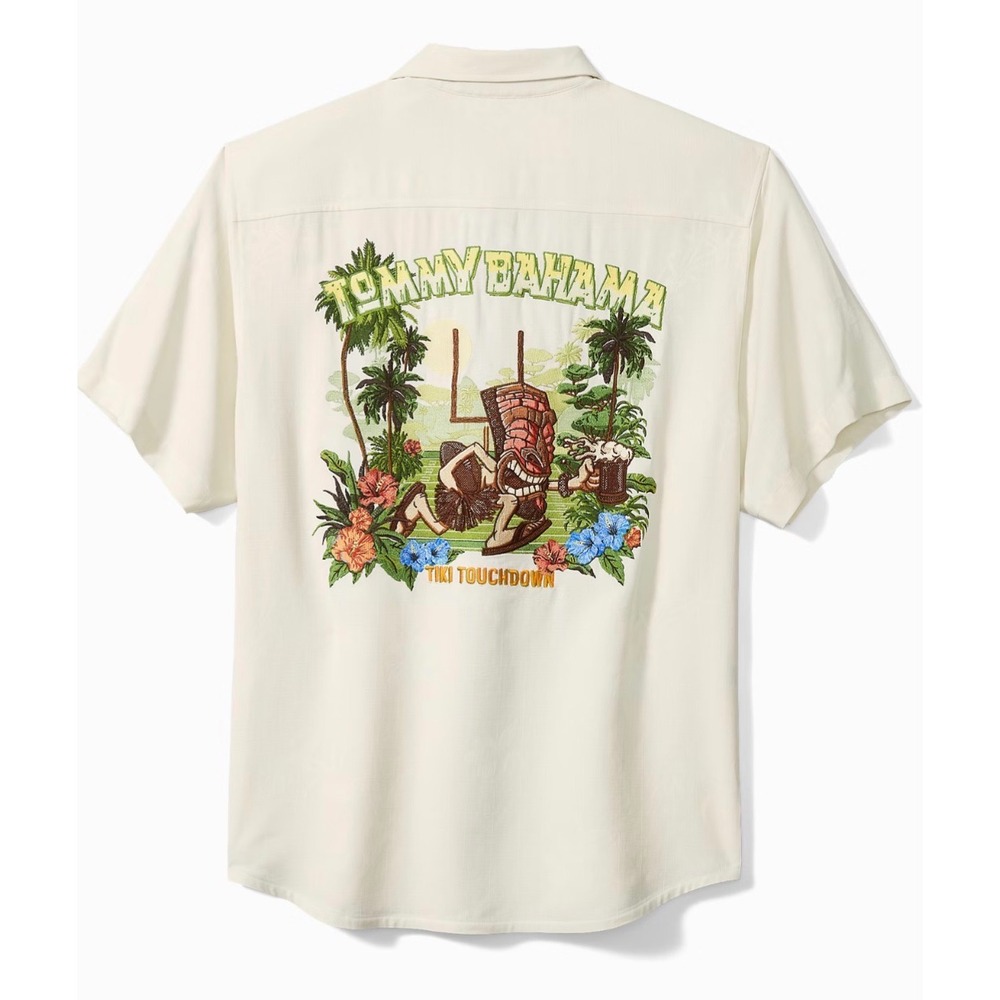 Tommy Bahama Tiki‎ Touchdown Silk Camp Shirt Cream XXXL Floral Graphic